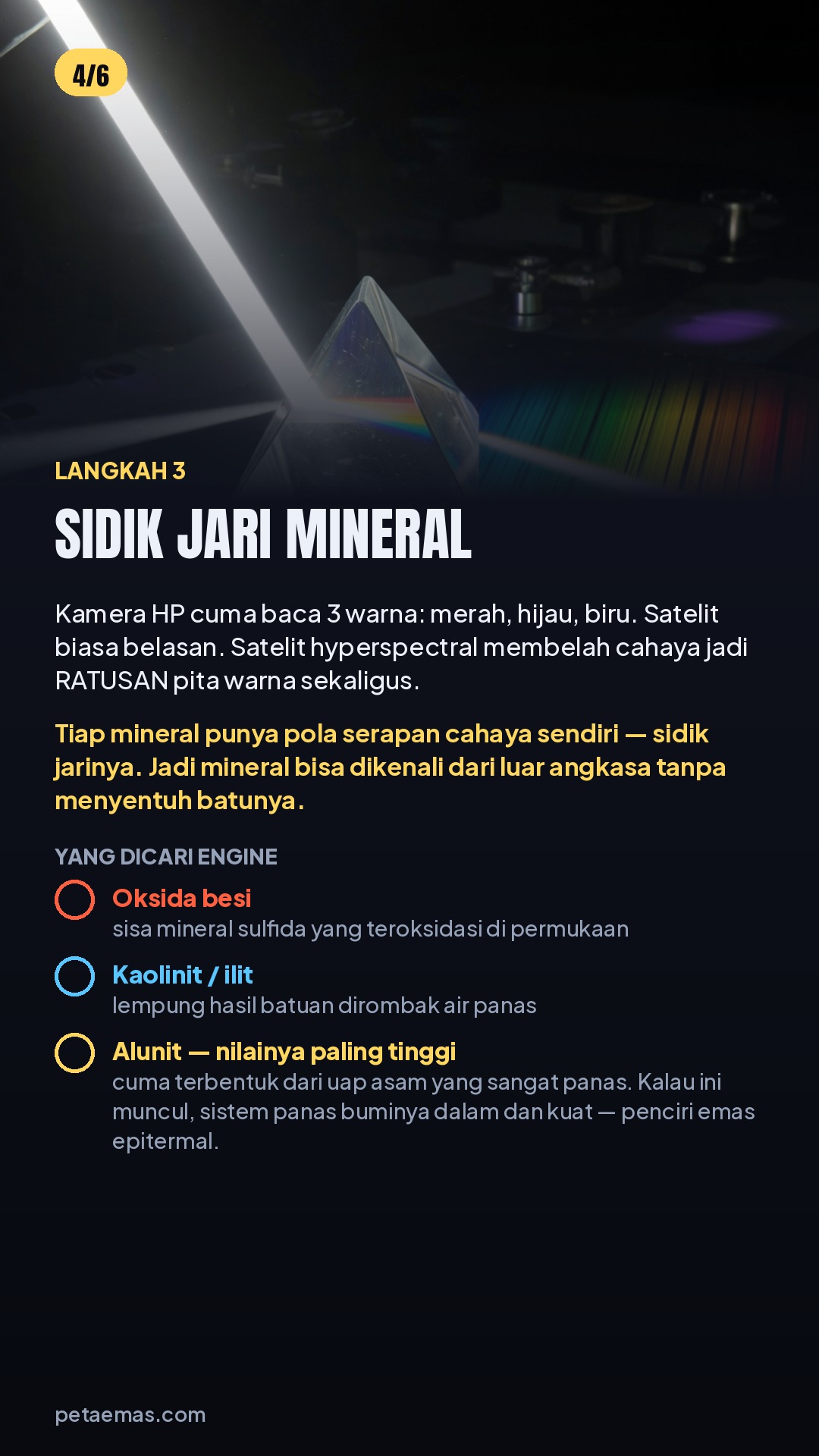 Langkah 3: sidik jari mineral dari satelit hyperspectral yang membelah cahaya jadi ratusan pita. Yang dicari oksida besi, kaolinit atau ilit, dan alunit.